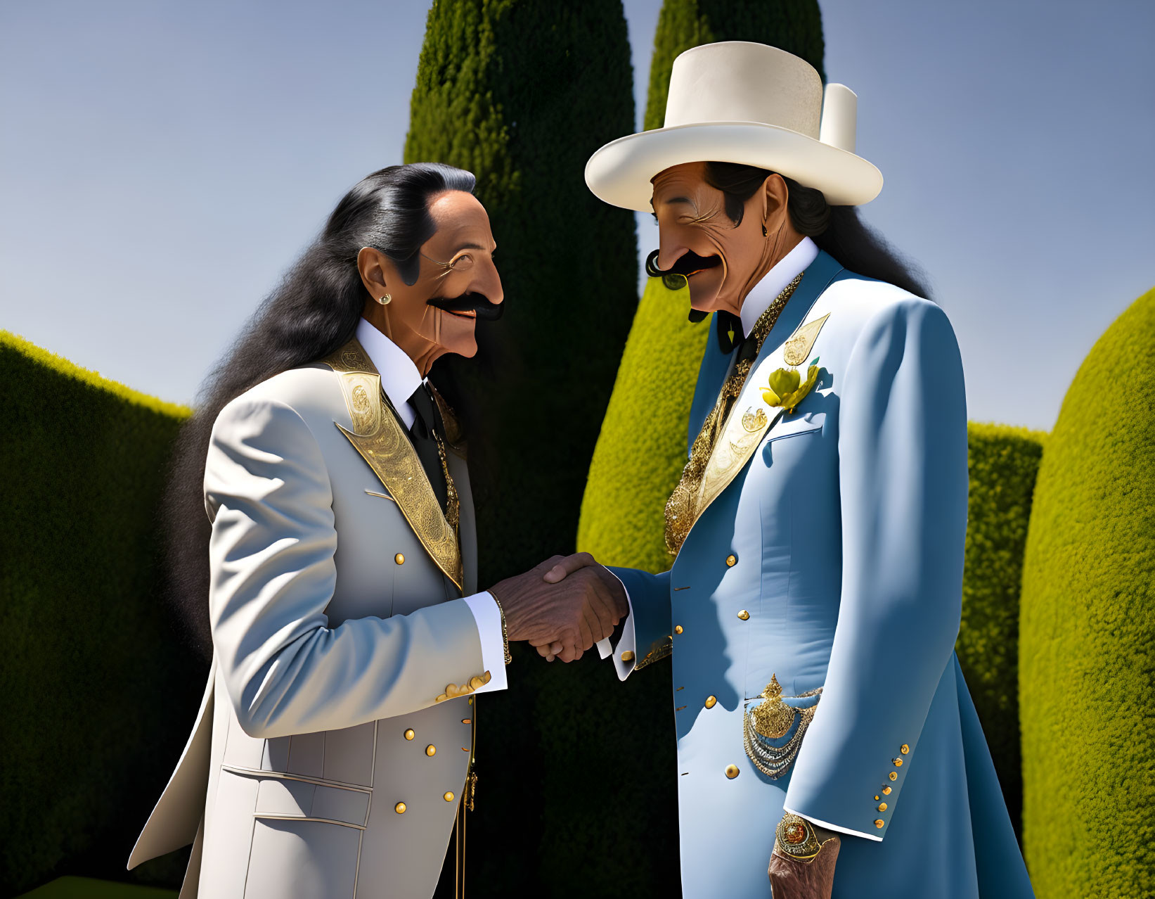 Exaggerated facial features on animated characters in ornate mariachi suits