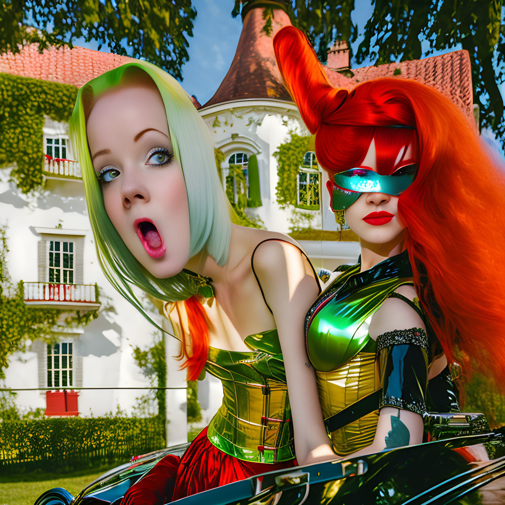 Colorful Hair Women Posing in Front of House