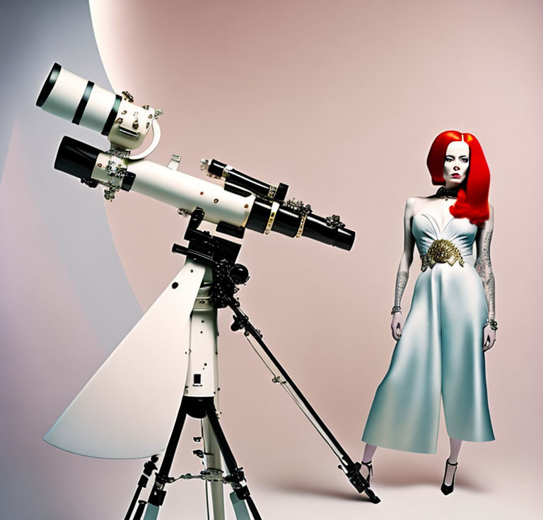 Red-haired woman in futuristic white outfit by large white telescope on pink gradient backdrop