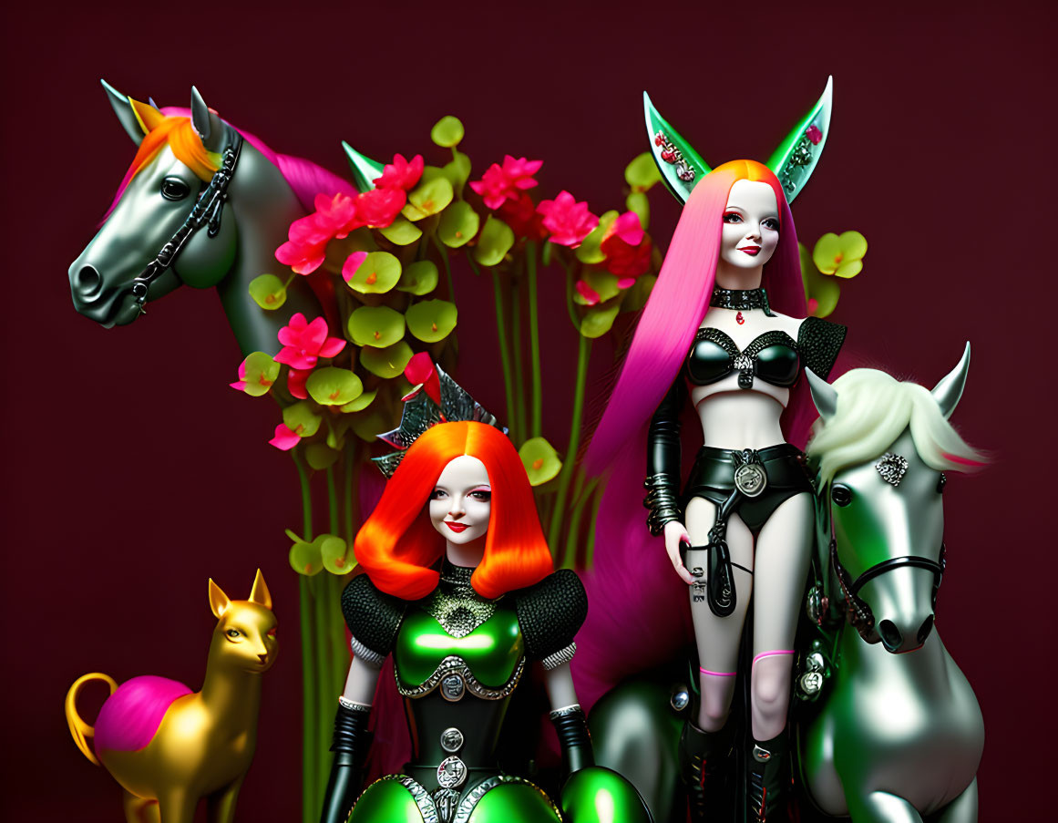 Stylized women with colorful hair and elf-like ears beside a horse in maroon backdrop