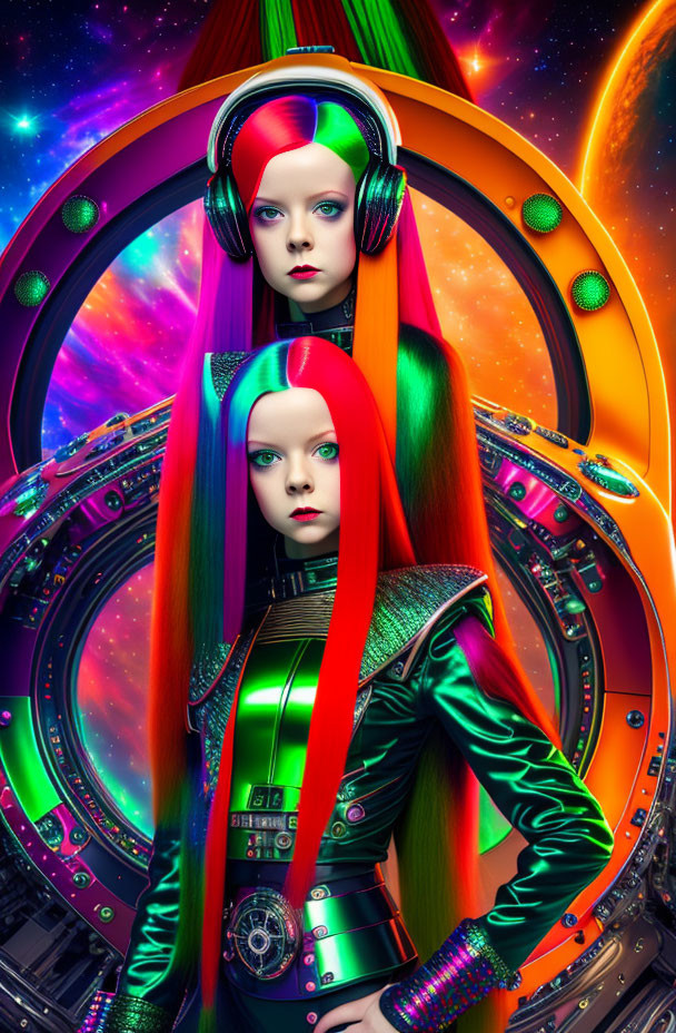 Identical futuristic female characters with colorful hair and sci-fi outfits in vibrant outer space.