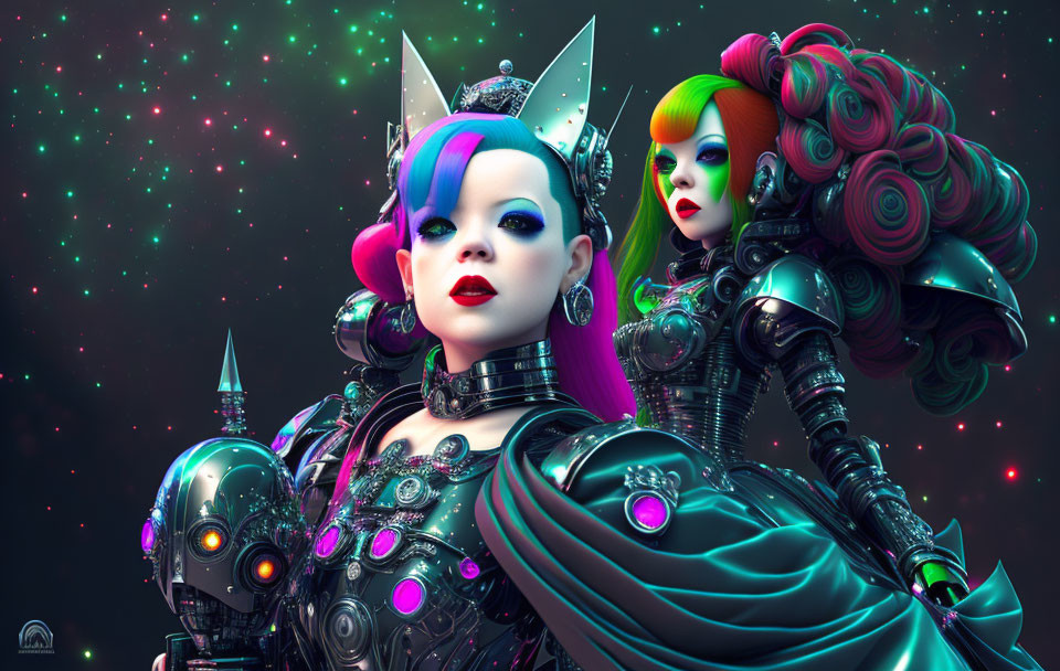 Futuristic female characters with elaborate hairstyles and colorful makeup in ornate dark armor against starry backdrop