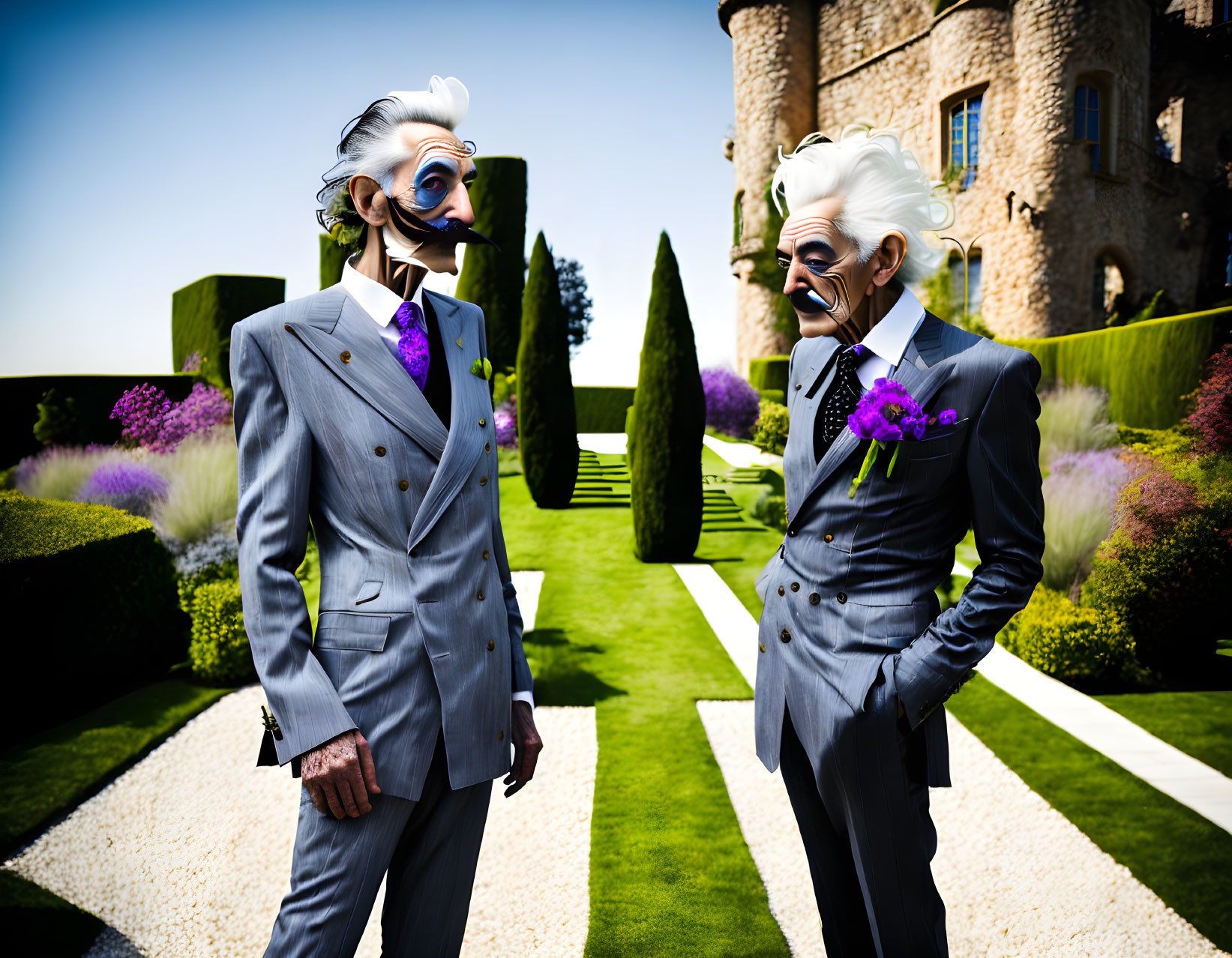 Two people in gray suits with white hair and purple ties wearing masquerade masks in a formal garden