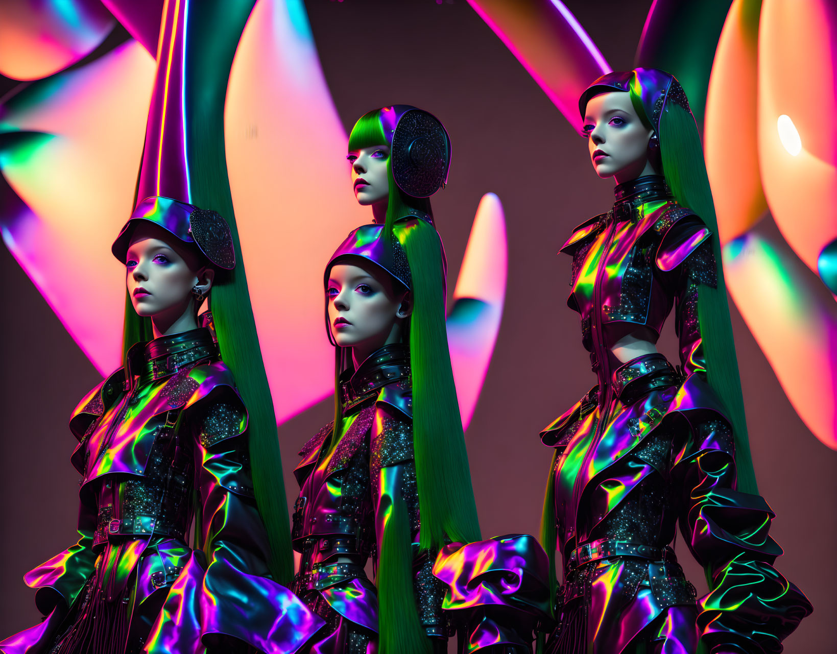 Iridescent Outfits and Green Hair on Futuristic Mannequins