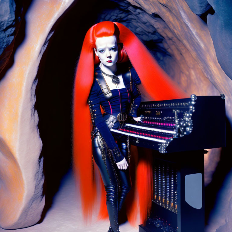 Vibrant red-haired woman in futuristic attire by keyboard in cave-like setting