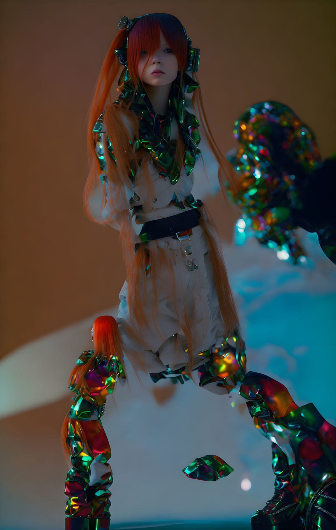 Bright Orange Hair and Green Armor Figure in Colorful Shadow Lights