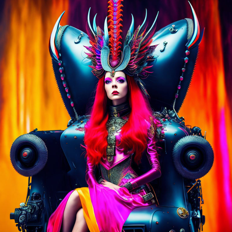 Vibrant red hair and fantasy costume with horns on fiery backdrop
