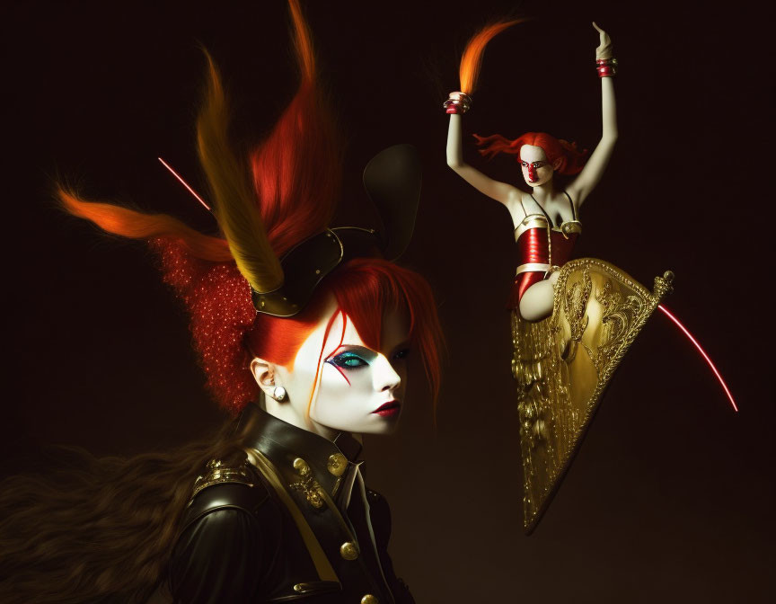 Stylized women in avant-garde warrior costumes with sword, shield, and dynamic hair.