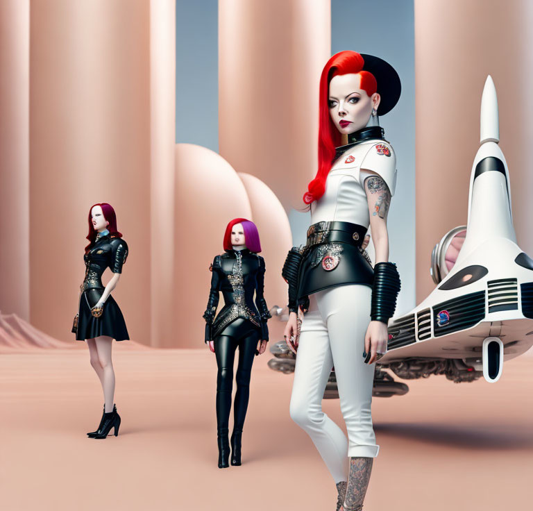 Stylized female figures in futuristic outfits with spaceship on peach landscape