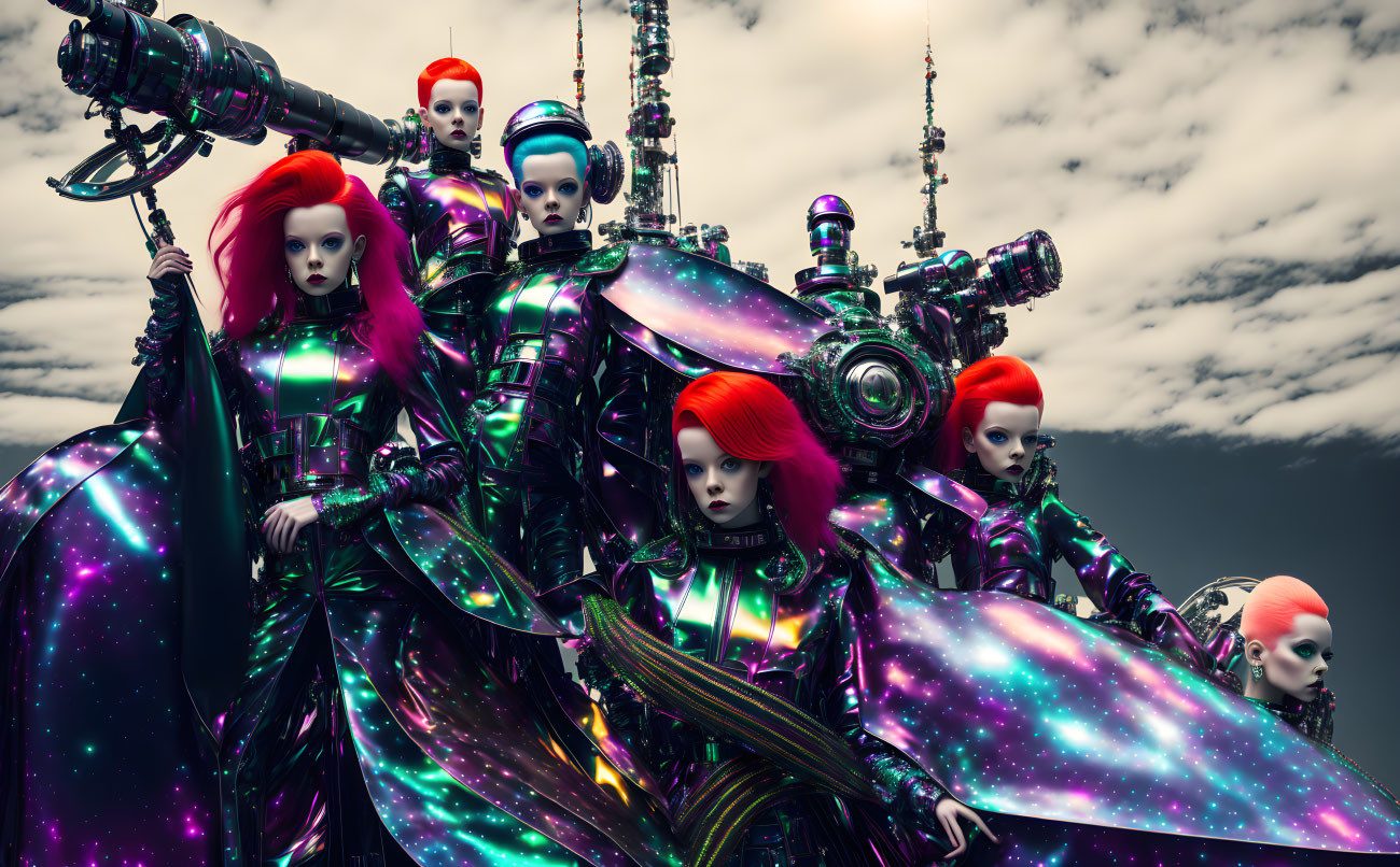 Red-haired female androids in cosmic attire around a complex machine under cloudy sky