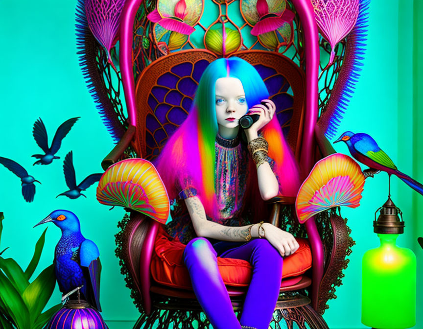 Colorful portrait: Person with neon blue hair on ornate chair, surrounded by vibrant flora and fauna