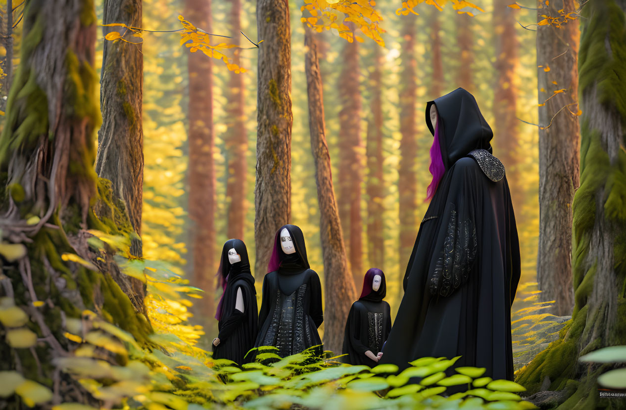 Four People in Traditional Robes in Vibrant Autumn Forest