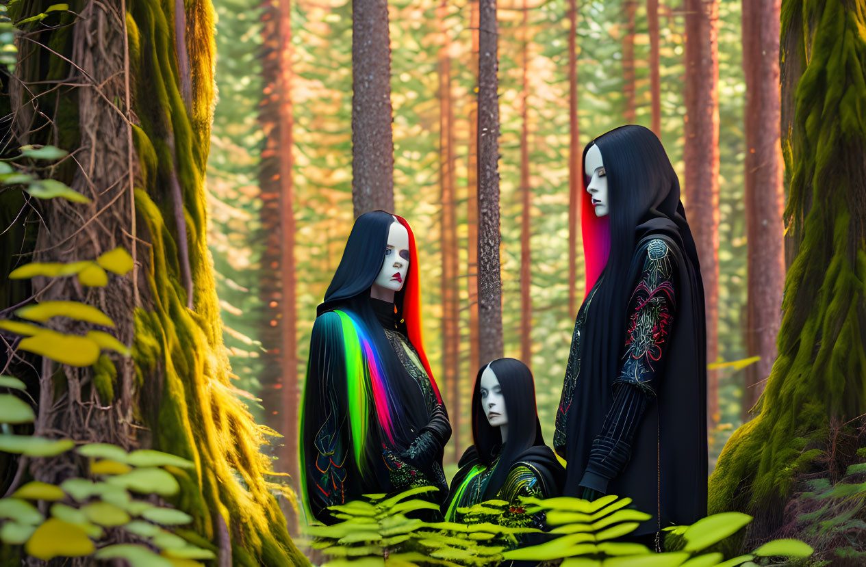 Three figures in ornate cloaks and masks in a lush forest with sunlight filtering through trees