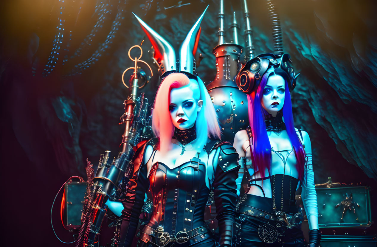 Two women in cyberpunk costumes with neon lighting and unique accessories posing dramatically