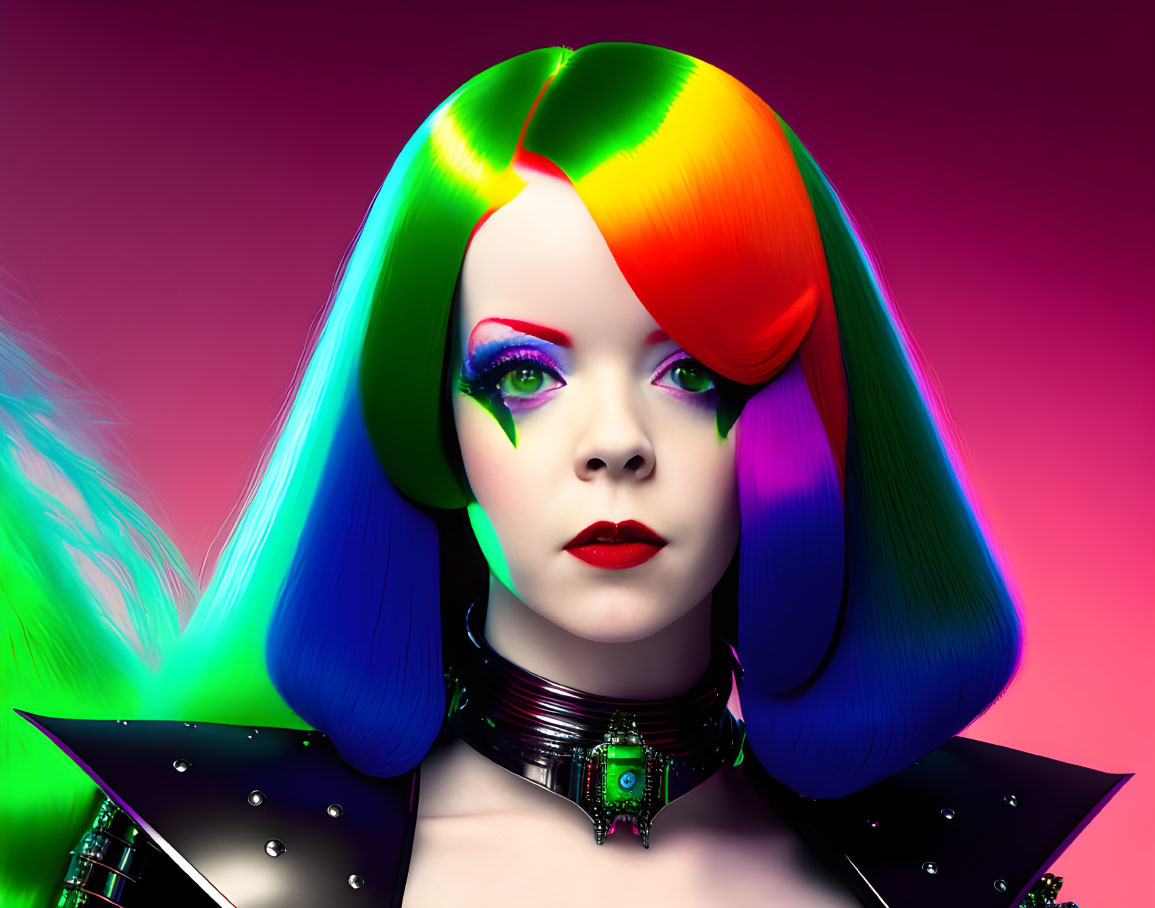 Vibrant rainbow hair portrait with bold makeup and studded accessories