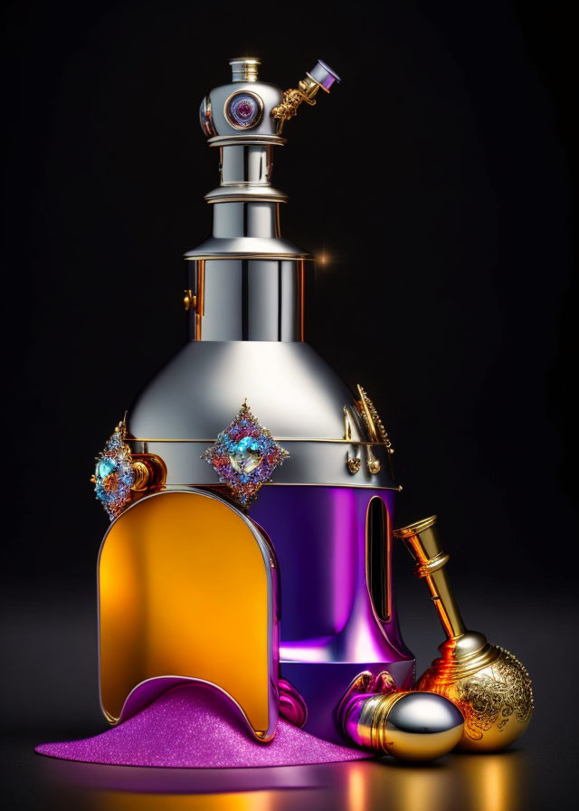 Luxurious futuristic perfume bottle with gold accents and gemstones