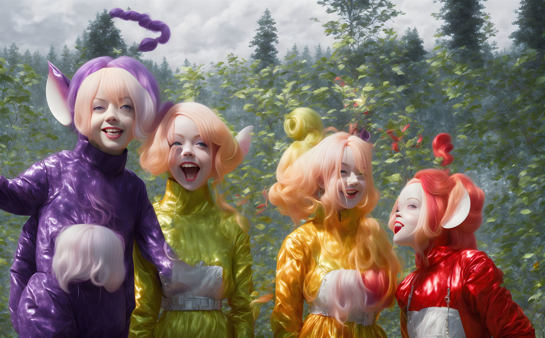 Four individuals in colorful alien costumes laughing in forest setting