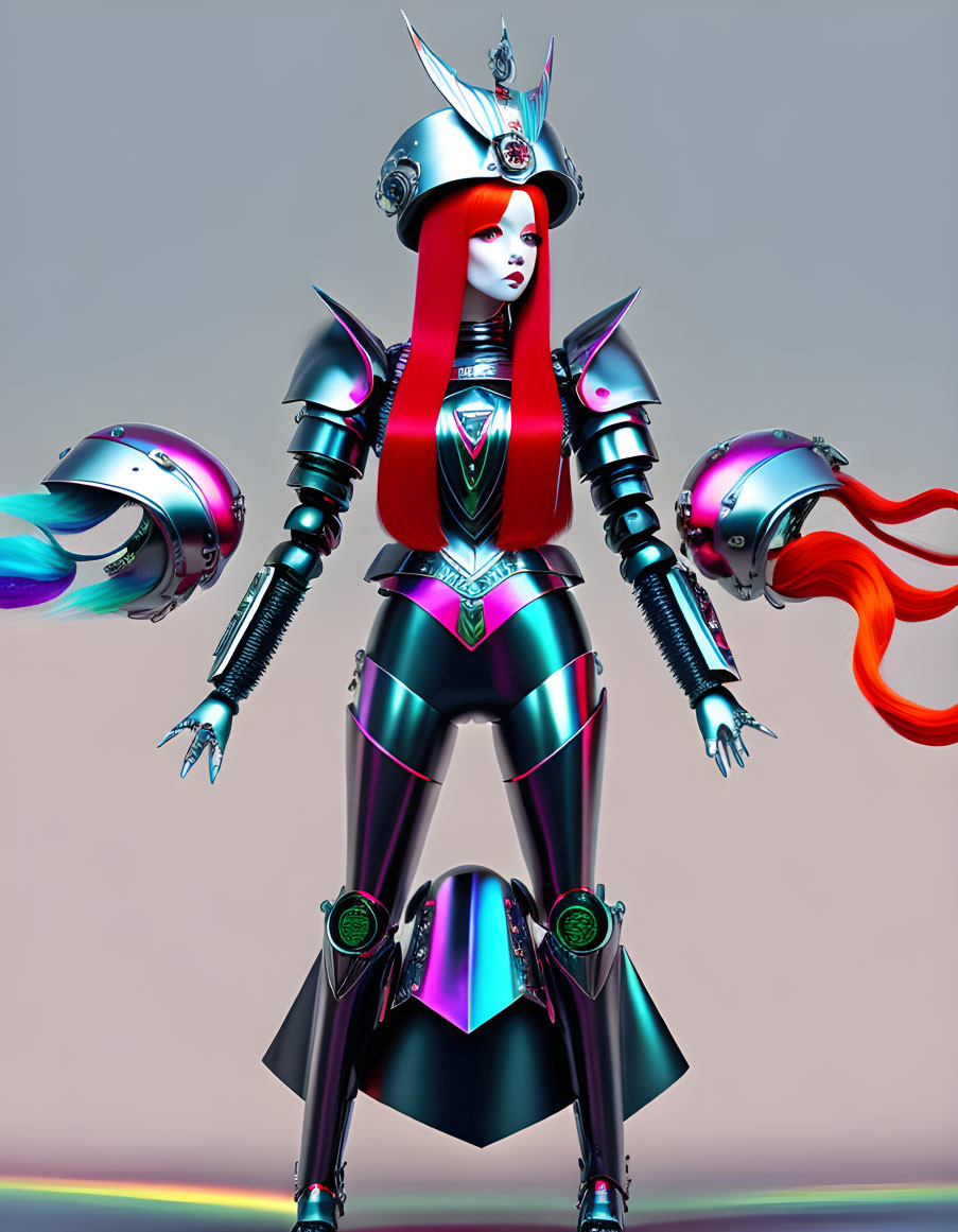 Futuristic female robot in red and silver suit with ornate helmet and orange hair on gradient background