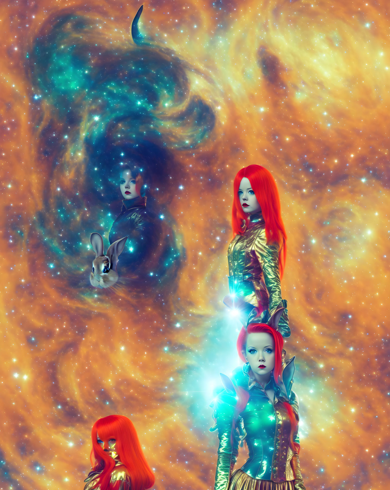 Colorful cosmic artwork with red-haired woman and glowing orb in futuristic attire