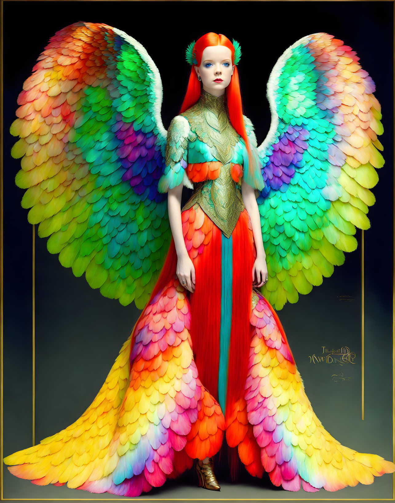 Colorful illustration of woman with multicolored wings and unique red hair.