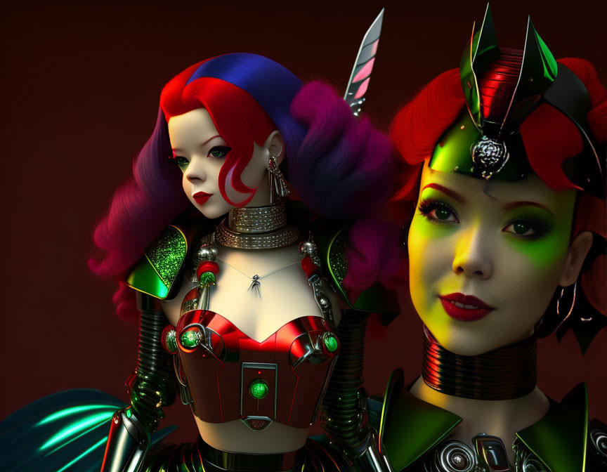 Colorful futuristic female figures in sci-fi armor on dark background