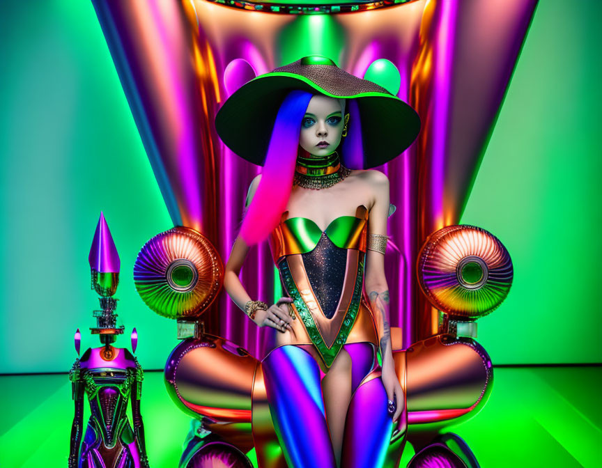 Colorful digital artwork: stylized female figure with purple skin in futuristic setting