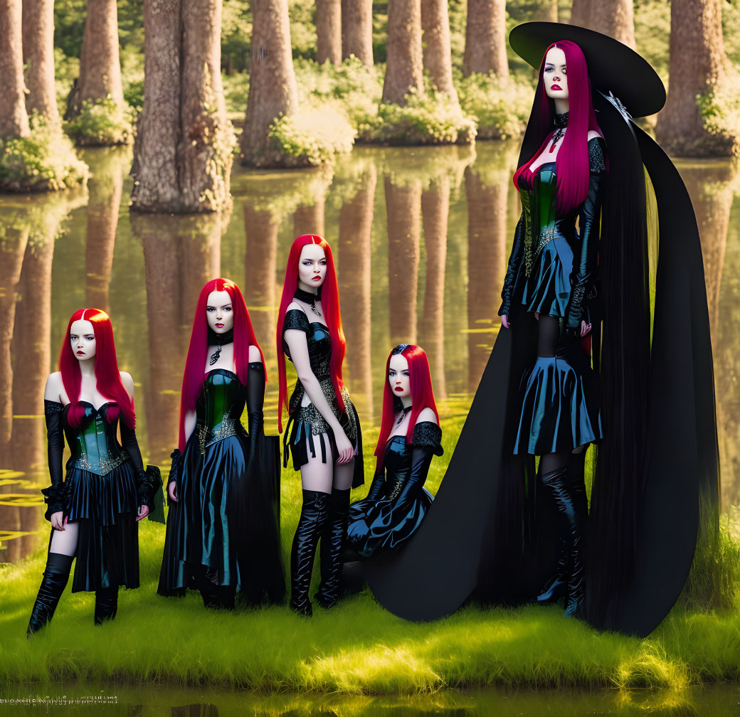 Five figures in gothic attire with red hair near reflective water and tree trunks