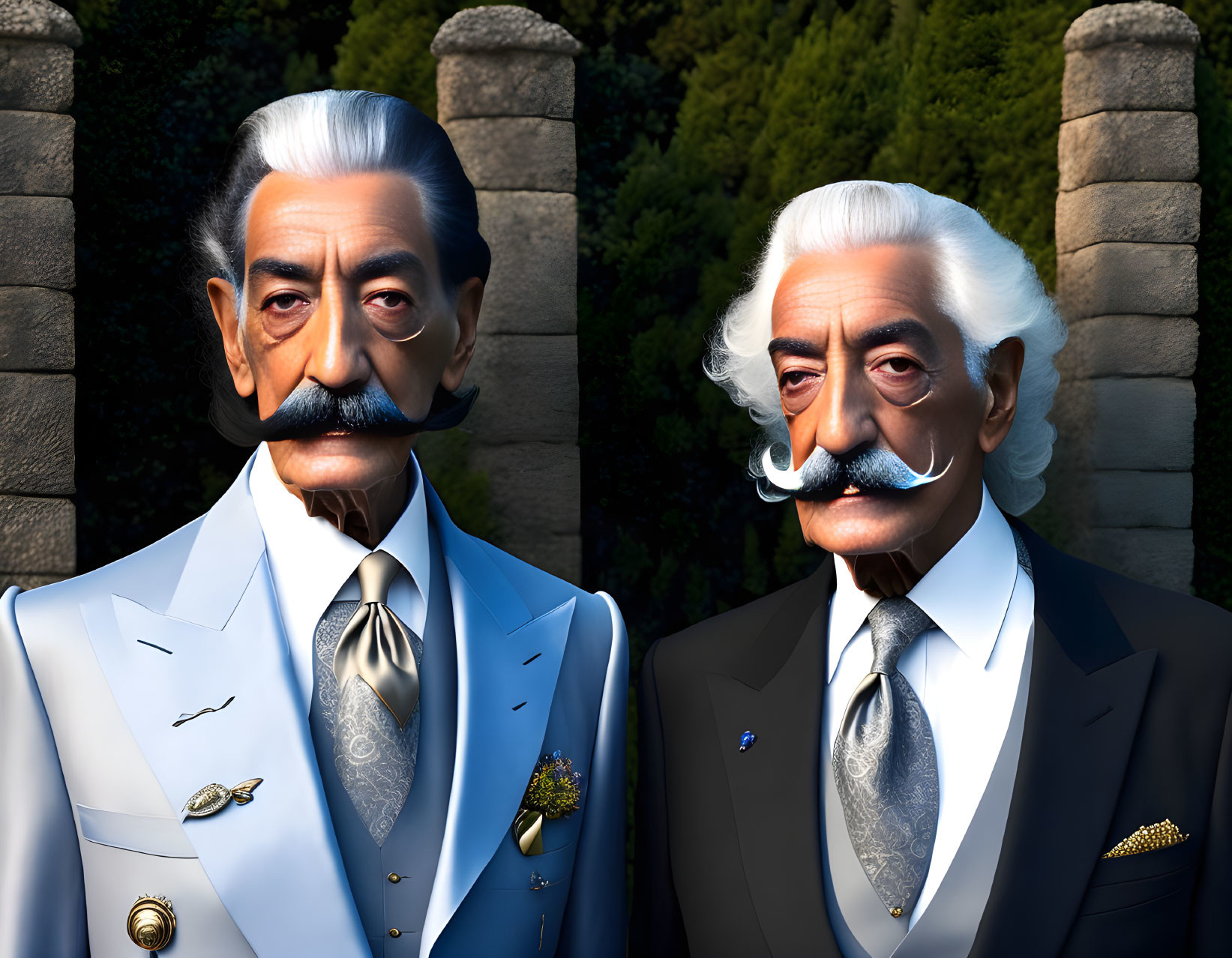 Stylized male figures with mustaches in suits against garden backdrop