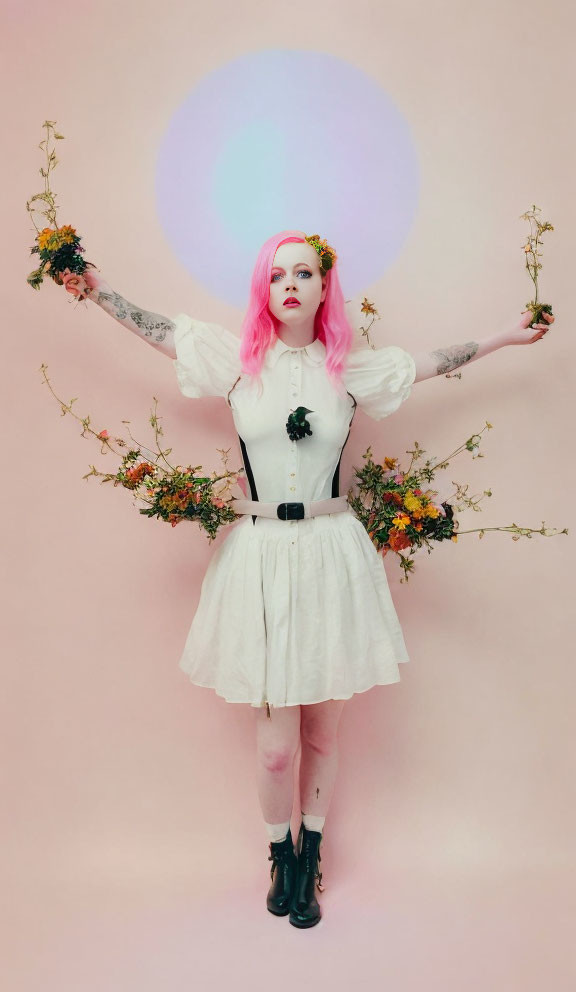 Pink-haired person in white dress with tattoos holding flowers on pink background with purple circle