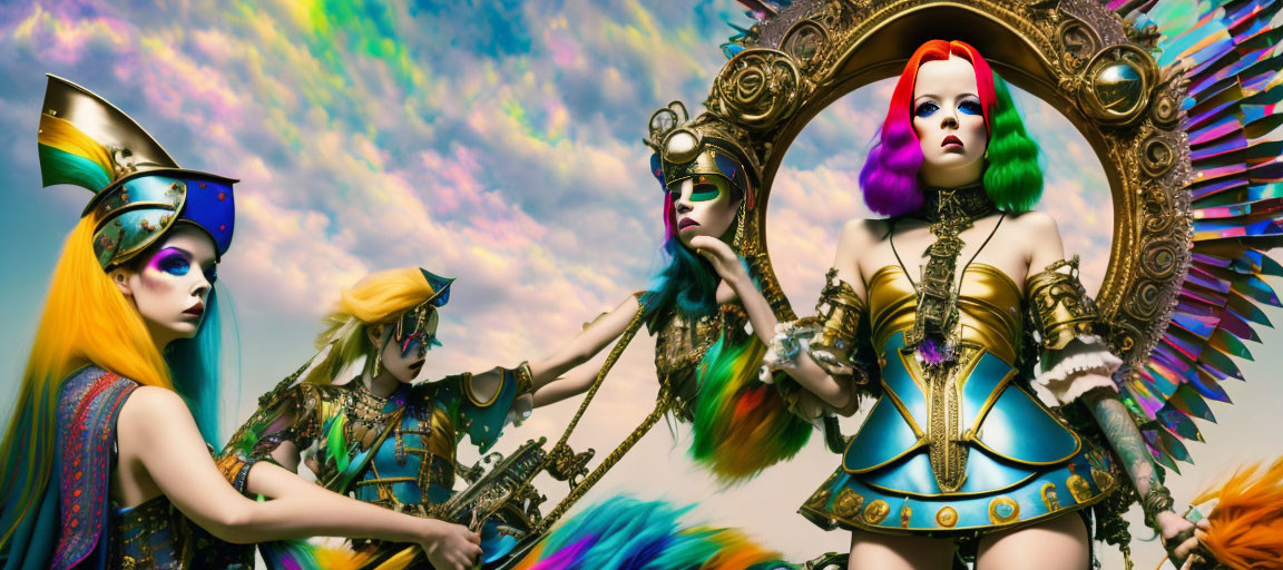 Stylized models in avant-garde fashion against colorful sky