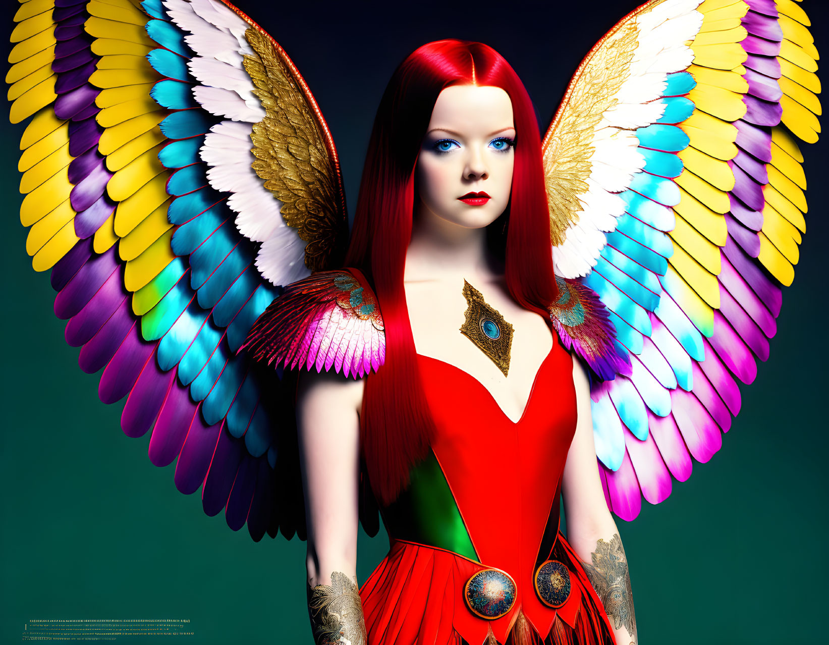 Digital Artwork: Woman with Red Hair & Multicolored Angel Wings on Teal Background