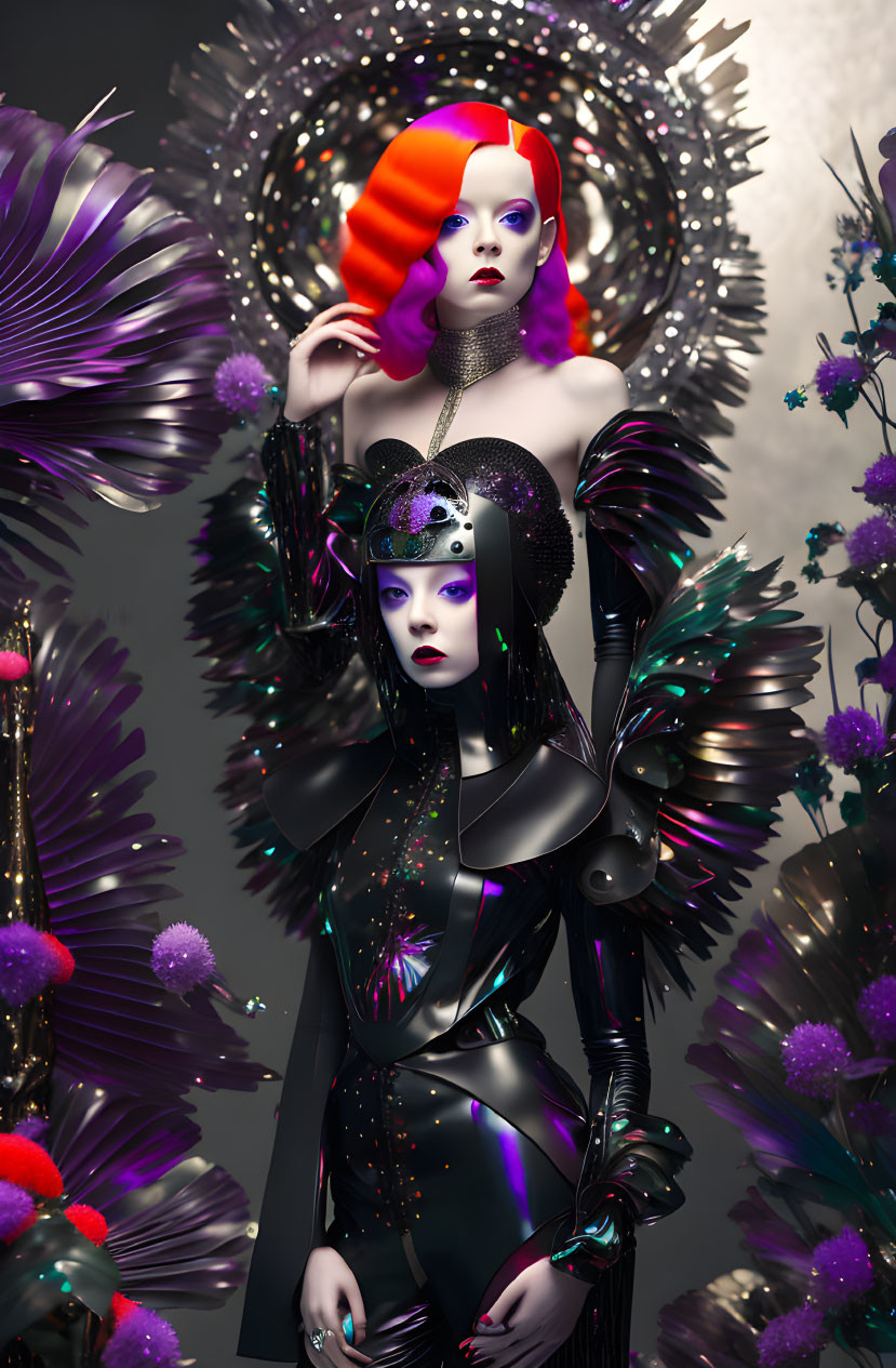 Futuristic women with avant-garde makeup and colorful hairstyles in ornate black costumes on floral backdrop