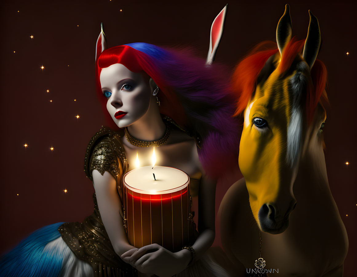 Split red and blue face woman with golden horse in starlit scene
