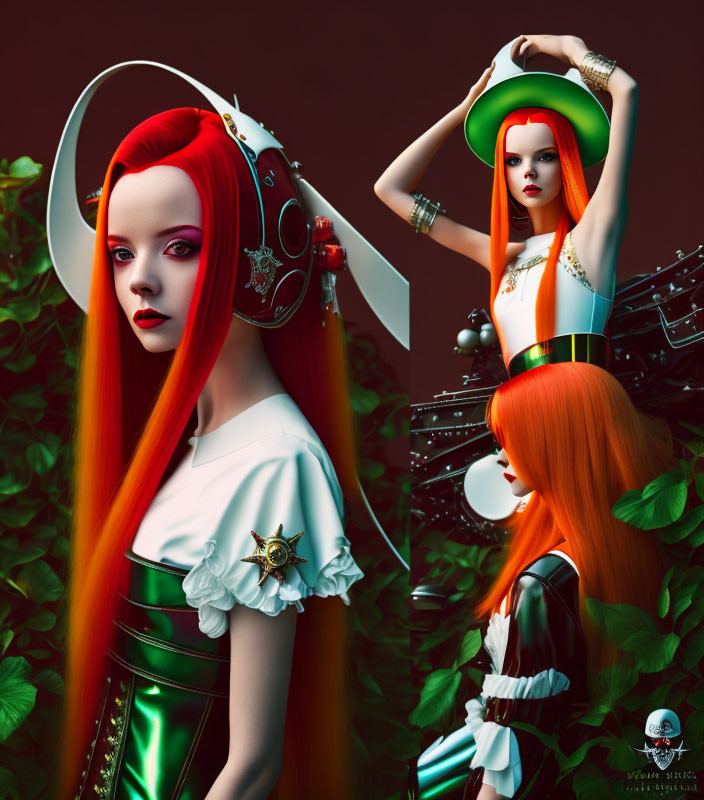 Stylized three-paneled image of female figure in futuristic armor with vibrant red hair on leafy