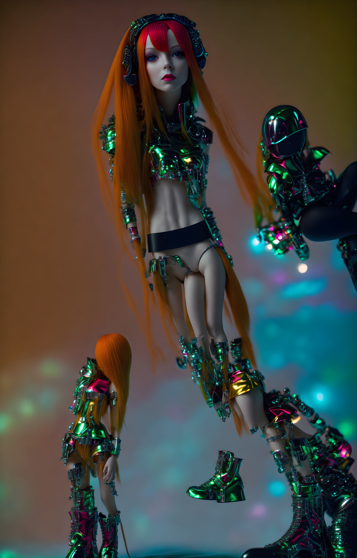 Orange-haired futuristic doll with cybernetic enhancements on colorful backdrop