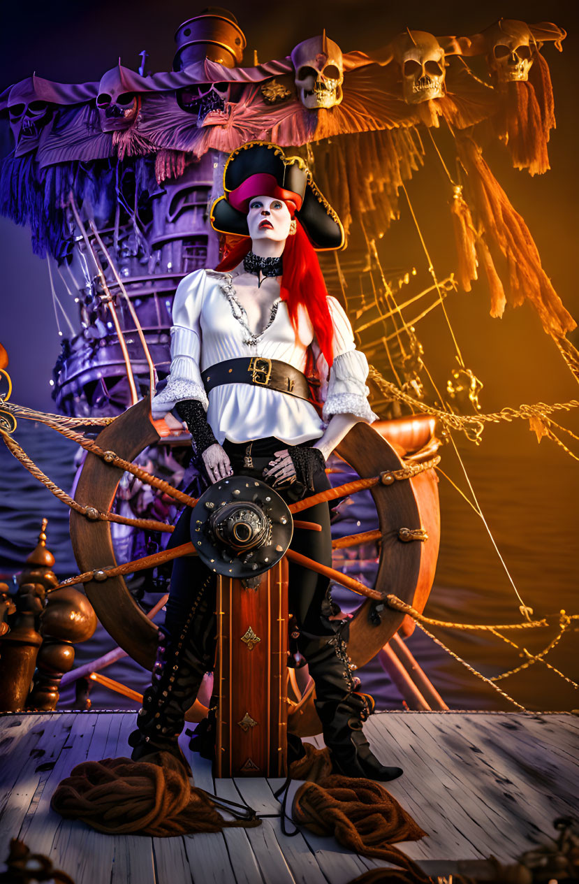 Woman in pirate captain costume with ship wheel and ghostly pirate ship in background.