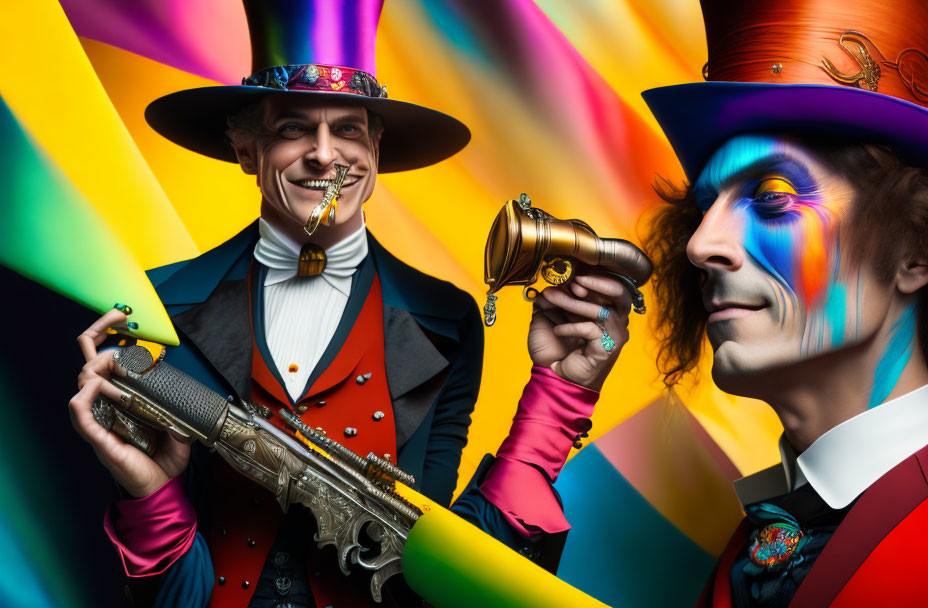 Colorful characters in eccentric outfits with top hats against rainbow background.