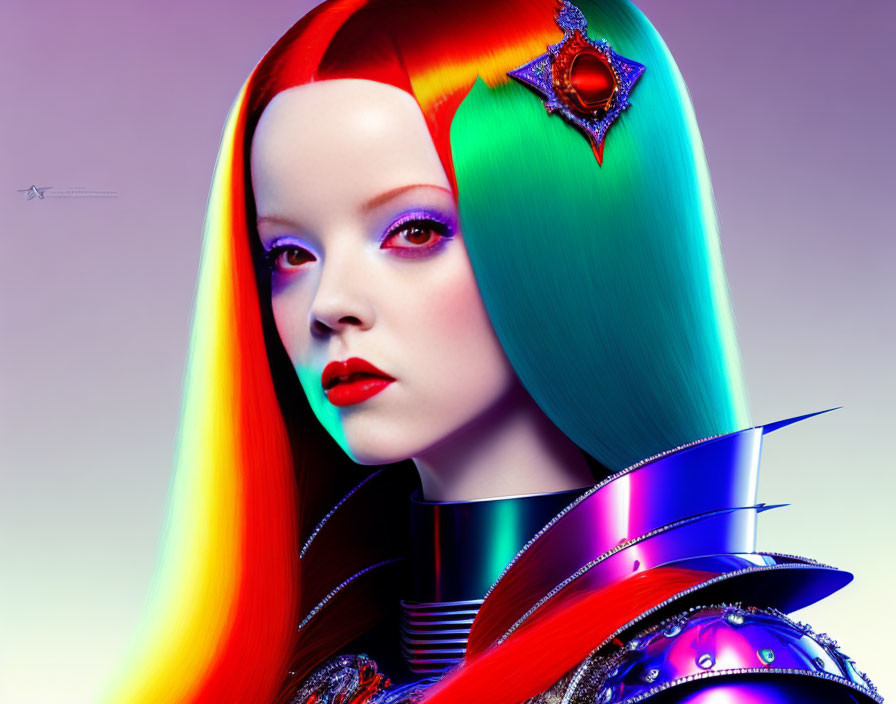 Vibrant digital artwork: Woman with rainbow hair & futuristic metallic attire.