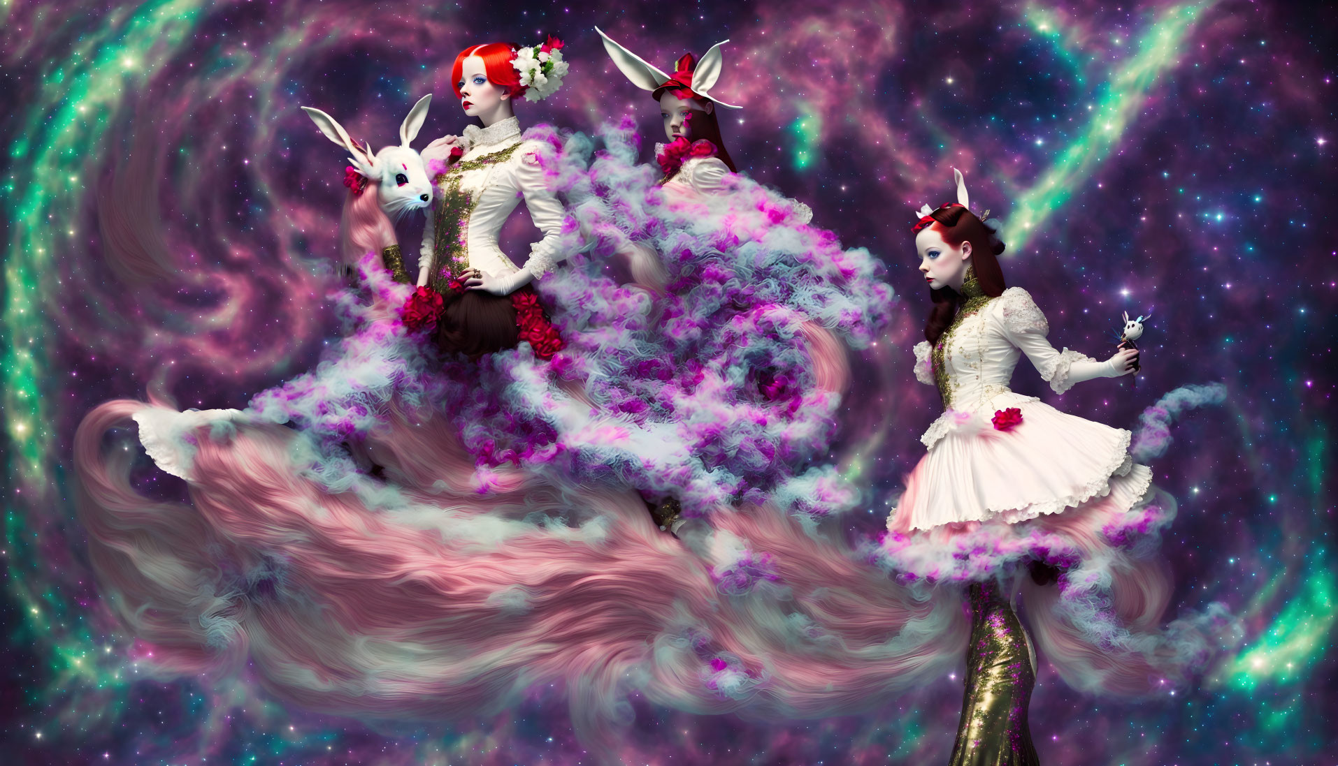 Fantasy figures with rabbit ears in cosmic nebulae and historical dresses.