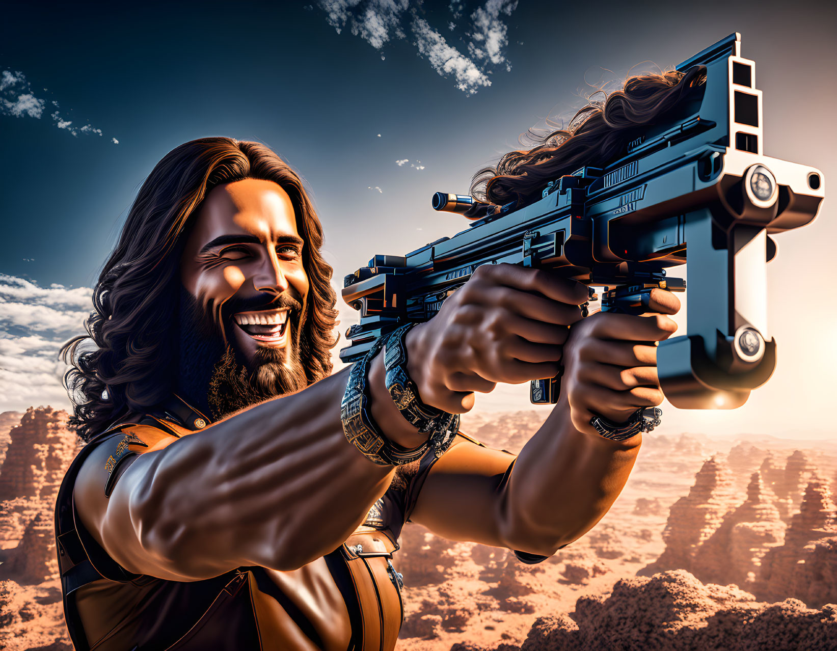 Illustration of bearded man with futuristic guns in dramatic setting