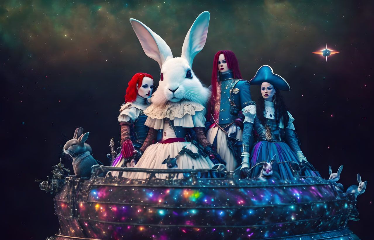 Three women in elaborate costumes with rabbit head, UFO, and cosmic background depicted.