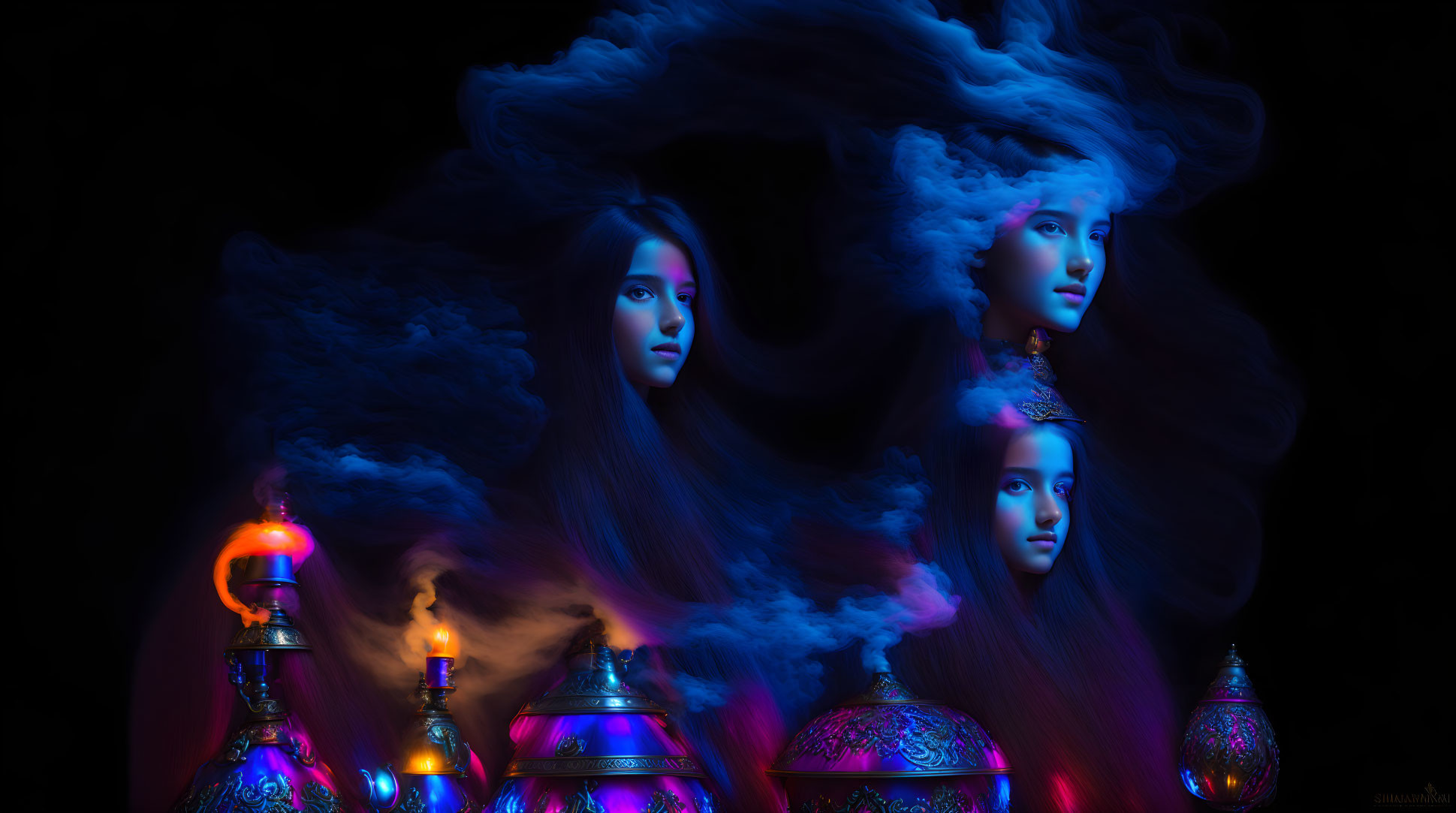 Four women's faces in mist with colorful lamps on dark background