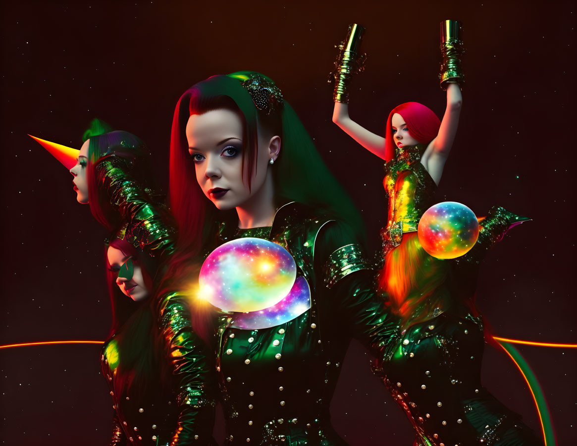 Futuristic digital art: individuals in neon attire on dark backdrop
