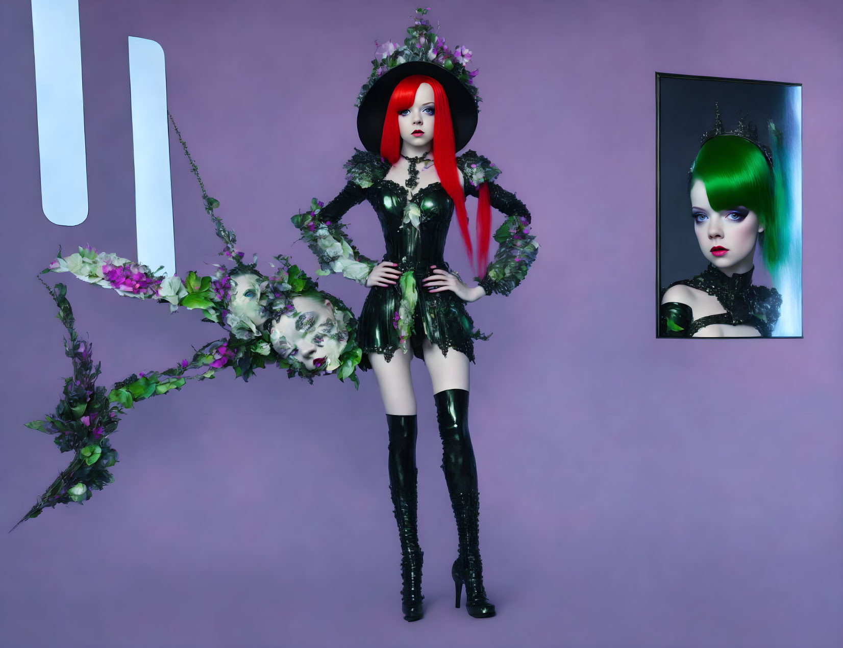 Stylized red-haired female in gothic attire with floral accessories beside green-haired portrait on purple backdrop