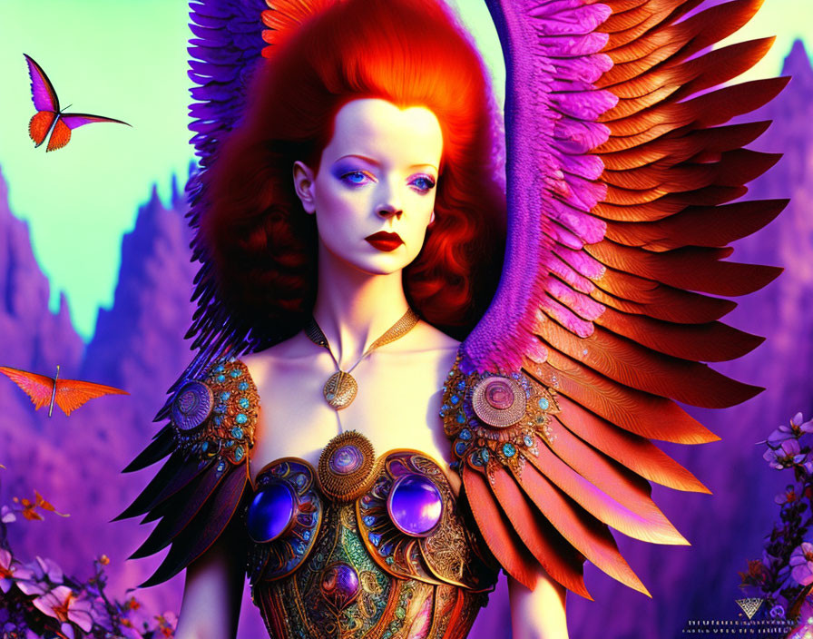 Digital artwork: Woman with red hair, angelic wings, ornate jewelry in purple fantasy landscape.