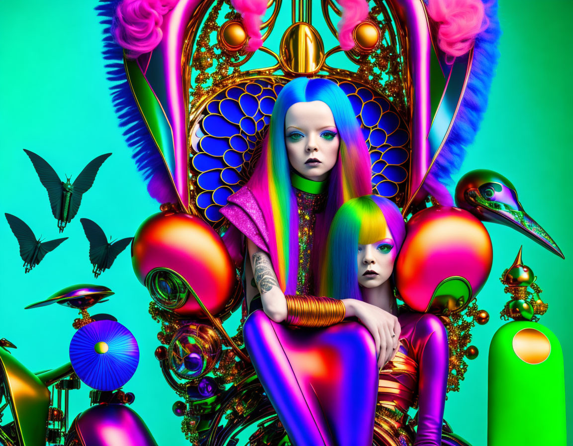 Colorful surreal artwork: Two figures with vibrant hair and tattoos near a throne.