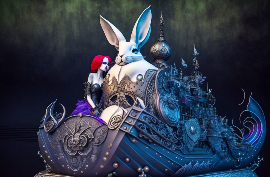 Whimsical artwork of red-haired woman with white rabbit on blue ship