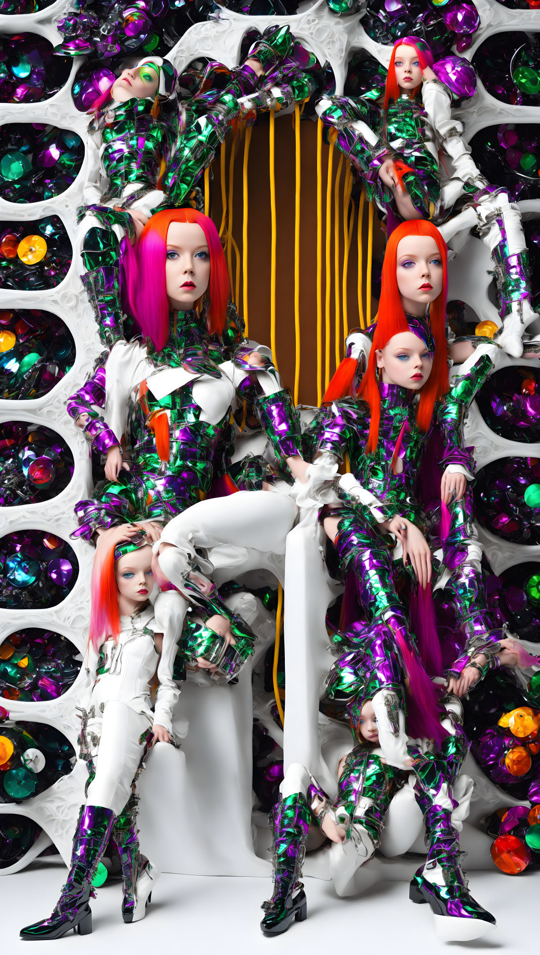 Vibrant fashion shoot: models in silver outfits with purple and red wigs, posing with circular