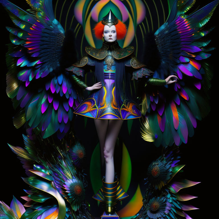 Symmetrical portrait of person in vibrant costume with bird-like shoulder pads.