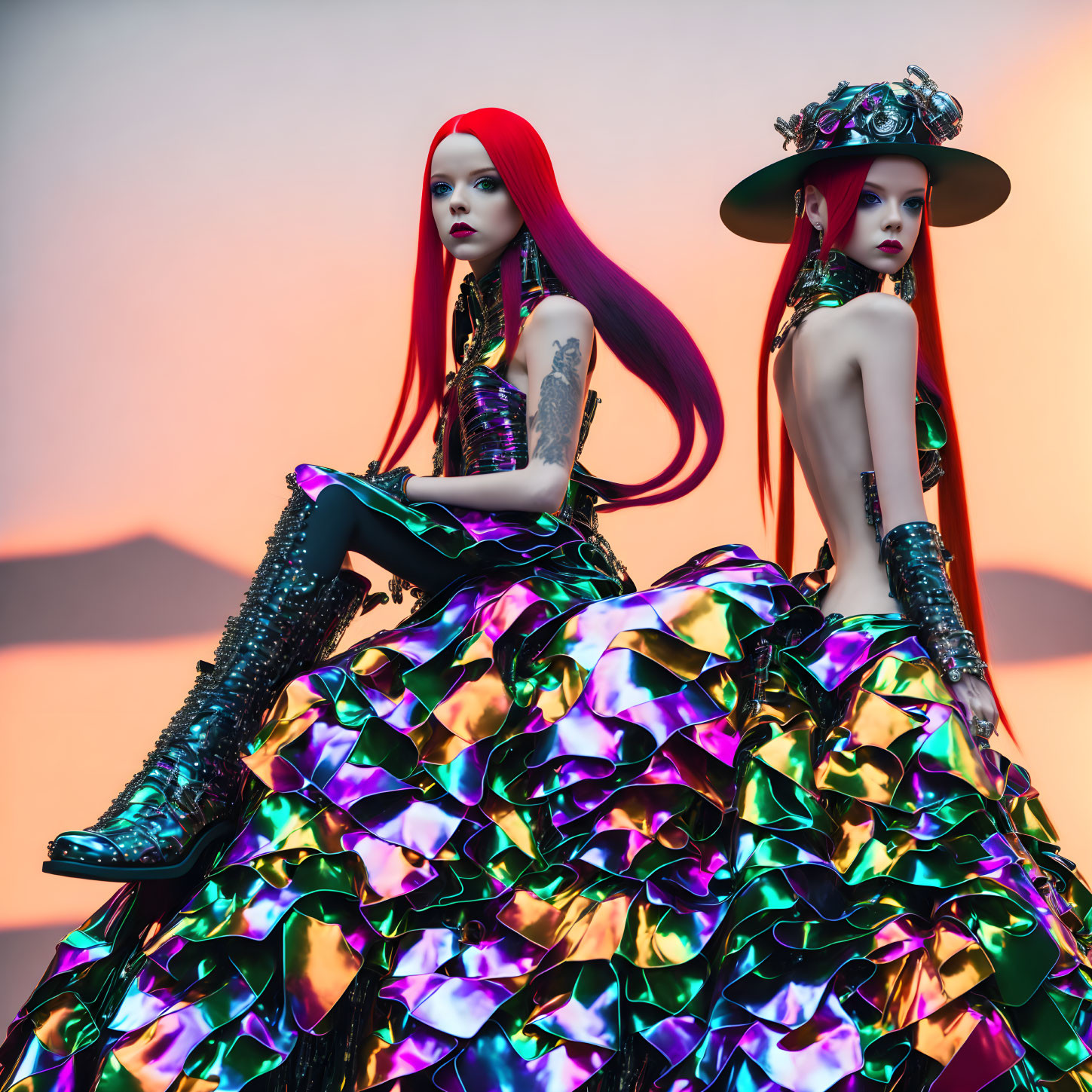 Elaborately dressed female models with red hair in colorful outfits